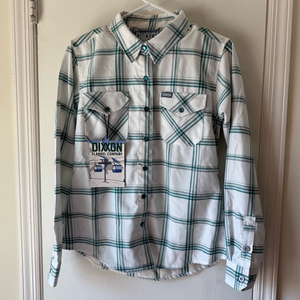 DIXXON Whistler Women's Plaid Button Down Shirt - White, Aqua Blue and Gray